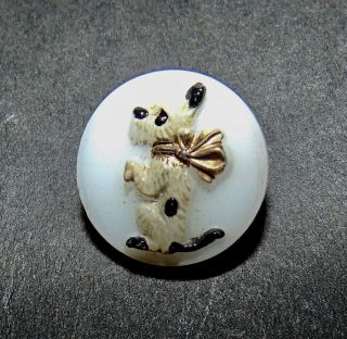 Vintage Scotty Dog w/Gold Bow Kiddie/Children ' s White Glass Button 307A 2