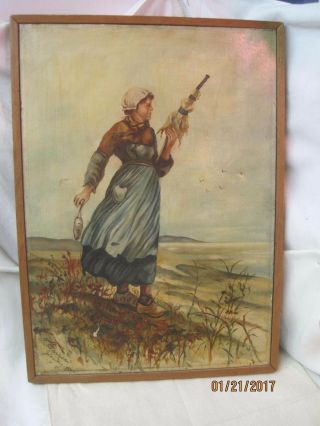 Antique 1894 Oil Painting On Canvas Signed K.  Garrison Dutch Woman Sea
