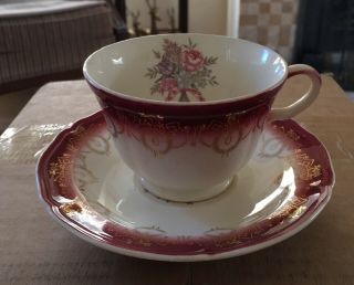 Vintage Tea Cup & Saucer Rose Color With Gold Flowers On Plate & Cup