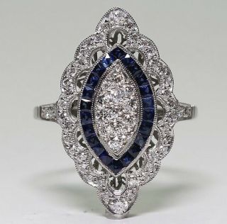 Antique Art Deco Large 925 Sterling Silver Blue Sapphire & Diamond Marquis Cut
