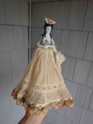 Vintage German? Porcelain Half Doll With Net Lace Dress Rosettes