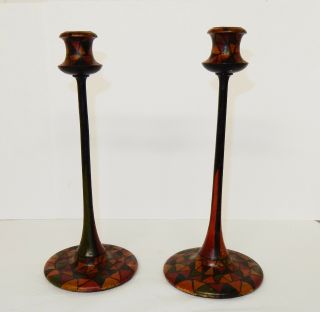 Vintage Slender Turned Wooden Geometric Painted Candlesticks