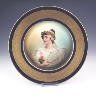 Antique Rosenthal Porcelain - Lady Painted Plate - Gilt & Cobalt Blue Borders