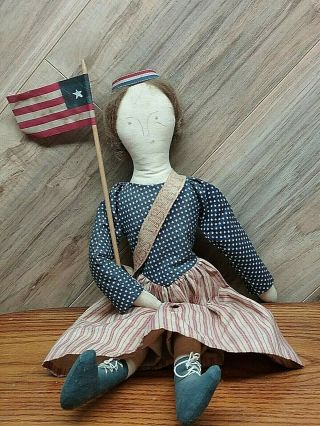 Vintage Handmade Folk Art Americana Rag Doll,  Miss Liberty 18 " Tall