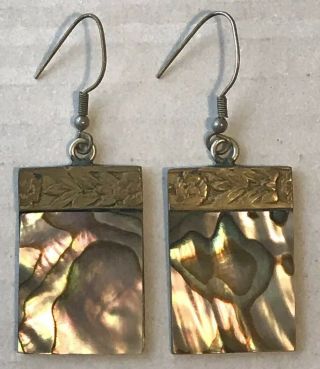 Vintage Alpaca Silver Mexico Antiqued Gold Wash Floral Detail Abalone Earrings