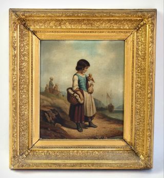 Antique 19th Century Dutch Oil Painting - Young Girl Holding Her Doll - Signed