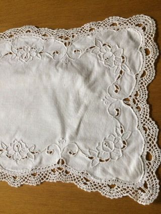 Vintage Traycloth White Cotton,  Hand Embroidery & Crochet Lace