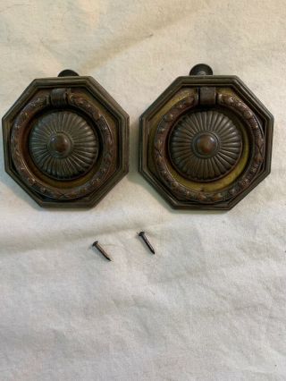 2 Vintage Antique Brass Drop Ring Drawer Pulls Keeler 2.  25” With Screw And Nail