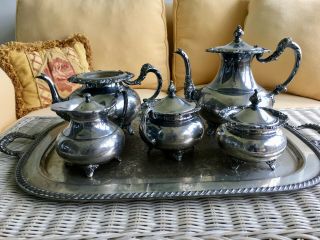 Antique 6 - Piece Sheffield Coffee And Tea Service W/20 " X 15 " Tray,  Ascot Pattern