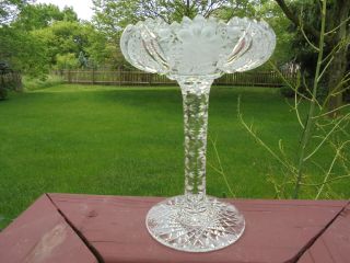 Antique Cut Glass Tall Compote W Etched Engraved Floral Pattern 9 "