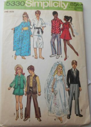 Vintage Simplicity Sewing Pattern 5330 Doll Wardrobe 11 1/2 " For Barbie & Ken