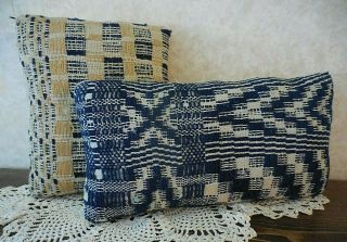 Primitive Vintage Woven Blue & Mustard Coverlet Pillow Tucks Farmhouse Decor