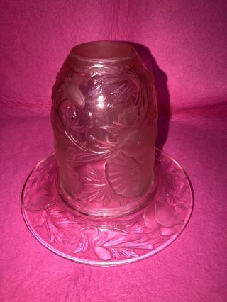 Table Lamp Shade - Pink Glass,  Plate - Raised Flowers Design - Candle Holder - Vintage