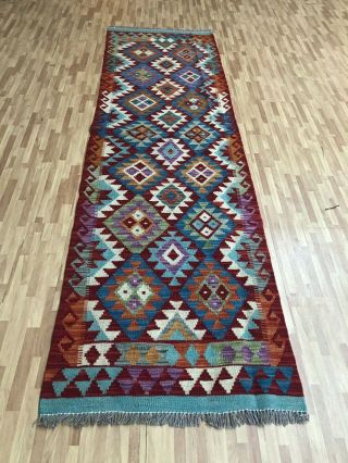 Handmade Afghan Kilim (248cm X 72cm) Runner Patterns And Colours Wool