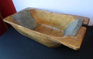 Antique Primitive Hand Carved Wooden Dough Bowl With Old Repairs