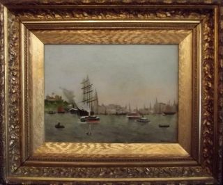Antique Signed British Primitive Seascape Oil Painting At Port 1903