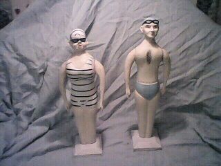 Folk Art Wood Carved Statues Outsider Art Man And Woman Bathing Suits Ornate