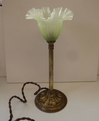 Antique Art Nouveau Brass Table Lamp With Ornate Glass Shade
