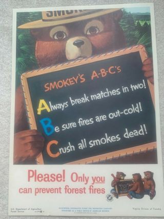 Vintage 1962 Smokey Bear Usfs Forest Fire Prevention Poster
