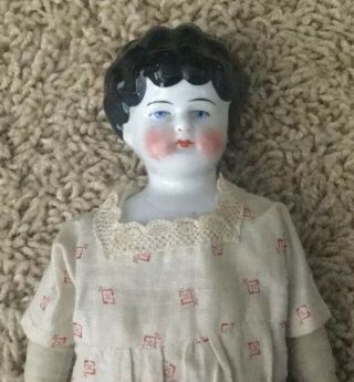 Antique 12 " China Porcelain Head Doll,  Black Hair Blue Eyes