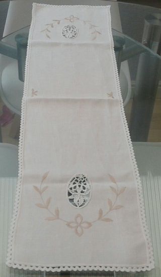 Vintage White Cotton Table Runner With Embroidery And Lace
