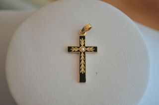 Antique Victorian Mourning 14k Gold Black Enamel Cross Seed Pearl