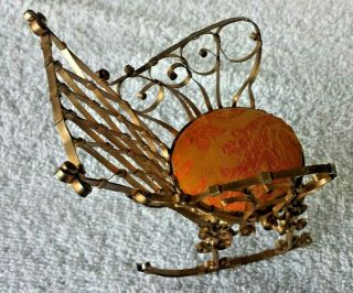 Vintage Miniature Dollhouse Fairy Garden Filagree Rocking Chair Pin Cushion 5 "
