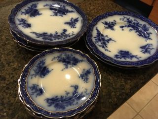 12 Antique Flow Blue Semi - Porcelain Soup Dinner Bread Plat Henry Alcock Touraine