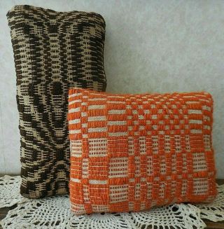 Primitive Vintage Woven Brown & Orange Coverlet Pillow Tucks Farmhouse Decor