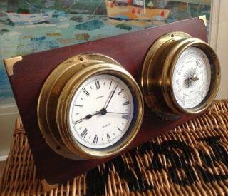 Vintage Brass Ships Clock & Barometer Nautical/maritime In Order
