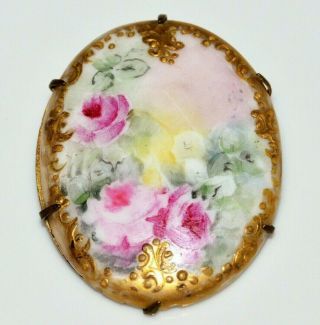 Antique Victorian Hand Painted Roses Cameo Gold Gilt Porcelain Brooch Large