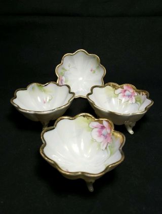 Antique Nippon Porcelain Floral Footed Nut Bowls Set Of 4 - One Is Cracked