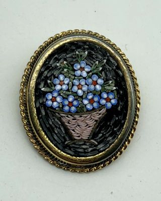 Antique Victorian Stamped 800 Silver Micromosaic Micro Mosaic Flower Brooch Pin