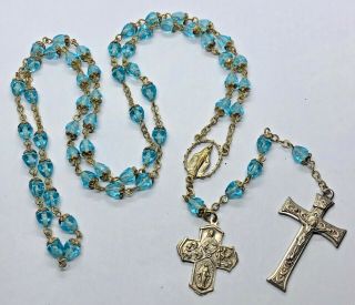 † 1940s Antique Turquoise Blue Glass Beads Rosary With Multi - Devotion Medal †