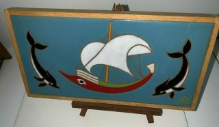 Vintage Mid Century Modern Greek Tile Wall Art - Framed - Boat W Dolphins