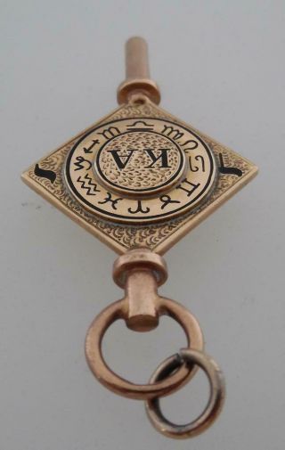 Rare Unusual 9ct Solid Gold Enamel Masonic Antique Fob/Pocket Watch Key (A9A 4