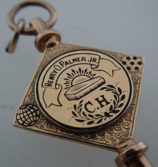 Rare Unusual 9ct Solid Gold Enamel Masonic Antique Fob/Pocket Watch Key (A9A 7