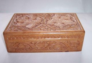 Vintage Carved Wooden Jewellery Trinket Box Decorative Leaf Wood Carving