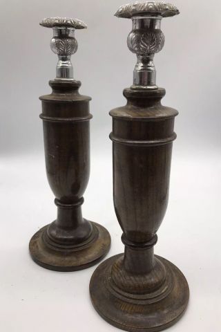 Antique Victorian Chunky Dark Wood Candlestick Holders Early 20th Century