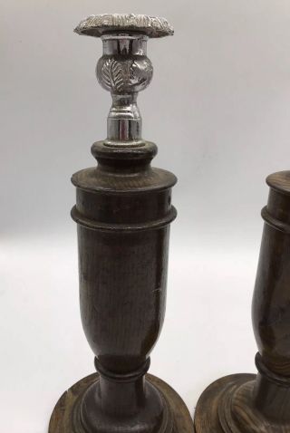 Antique Victorian Chunky Dark Wood Candlestick Holders Early 20th Century 2
