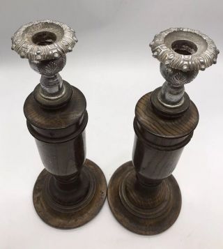 Antique Victorian Chunky Dark Wood Candlestick Holders Early 20th Century 3