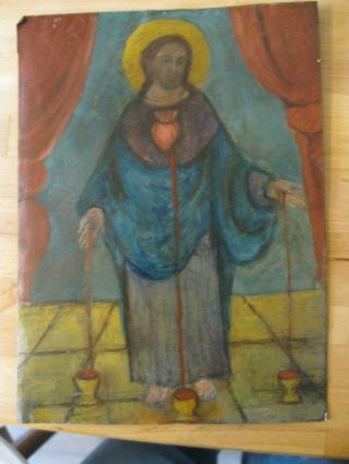 Vintage Retablo On Tin With The Image Of The Sacred Heart Of Jesus Good Piece