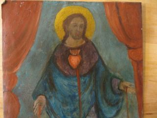 VINTAGE RETABLO ON TIN WITH THE IMAGE OF THE SACRED HEART OF JESUS GOOD PIECE 3