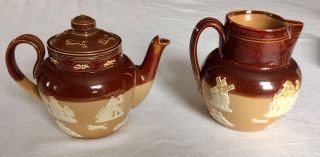 Antique Doulton Lambeth Salt Glaze Stoneware Teapot And Small Pitcher