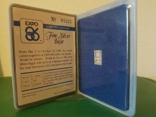 Collectible Limited Edition Expo 86 Vancouver,  Canada.  999 Fine Silver Ingot