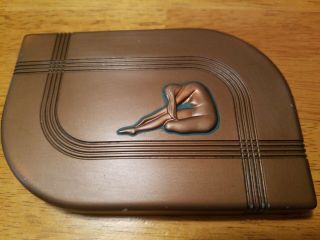 Antique Hickok Art Deco Trinket Box,  Metal Lid,  Frosted Glass Dish Nude Lady Top