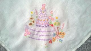 Vintage Embroidered Tablecloth With Crinoline Ladies - 40 Inches X 40 Inches