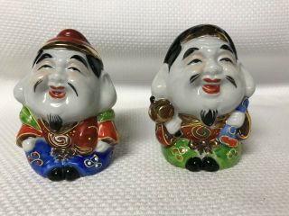 2 Vintage Chinese Porcelain Figurines Smiling Buddhas Handpainted