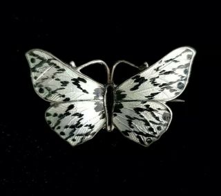 Antique Ja&s Sterling Silver Enamel Butterfly Brooch Rare Black And White Colour