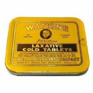 Vintage Watkins Laxative Cold Tablets Advertising Tin Pill Box With Slide Lid